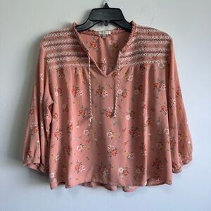 Kate & Sam Boho Floral Smocked Peasant Blouse Pink Size Large